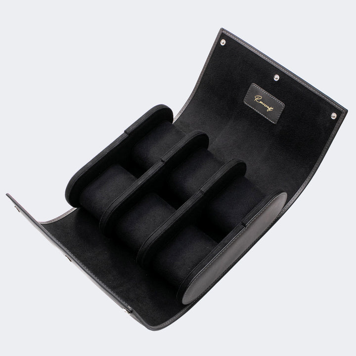 Watch Case - 6 Watches Coal Leather Roll