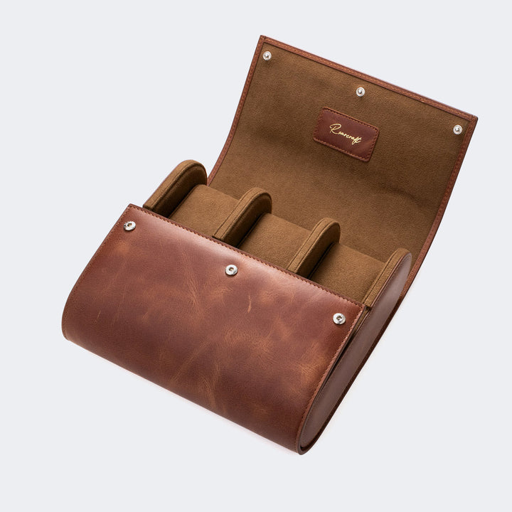 Watch Case - 6 Watches Tobacco Leather Roll