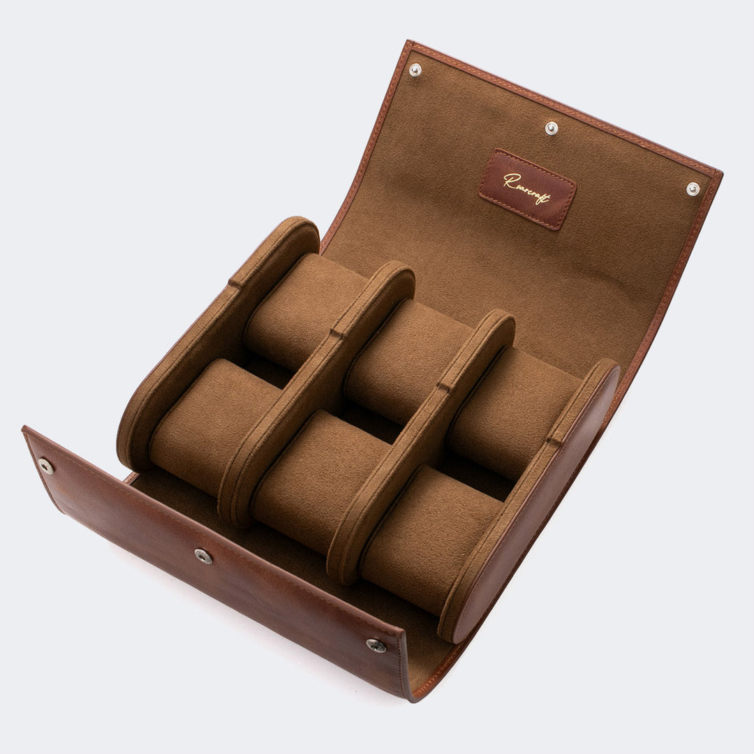 Watch Case - 6 Watches Tobacco Leather Roll