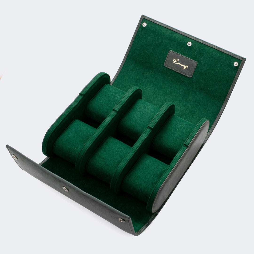 Watch Case - 6 Watches Emerald Leather Roll