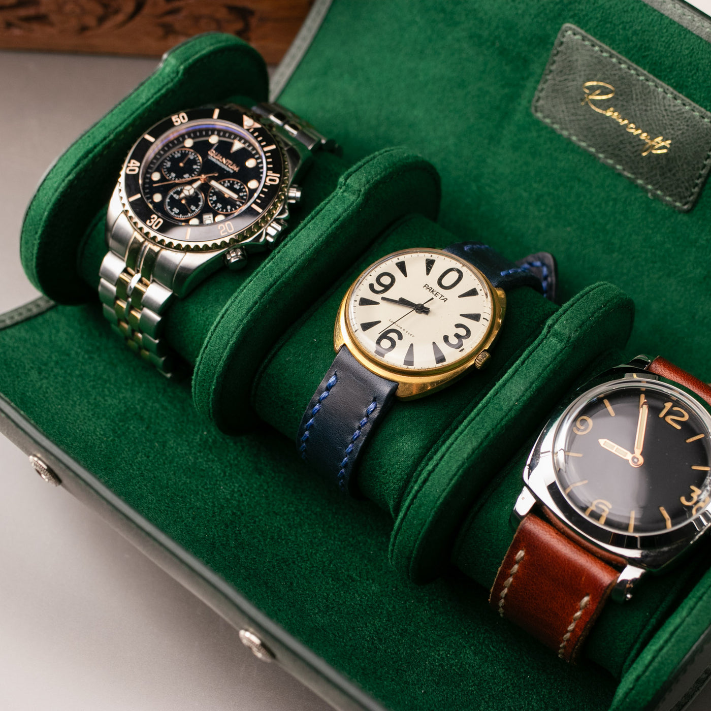 Watch Case - 3 Watches Emerald Leather Roll