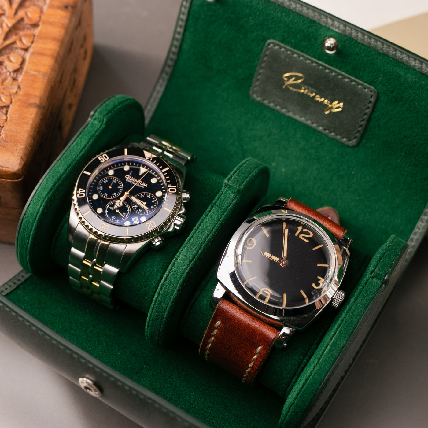 Watch Case - 2 Watches Emerald Leather Roll