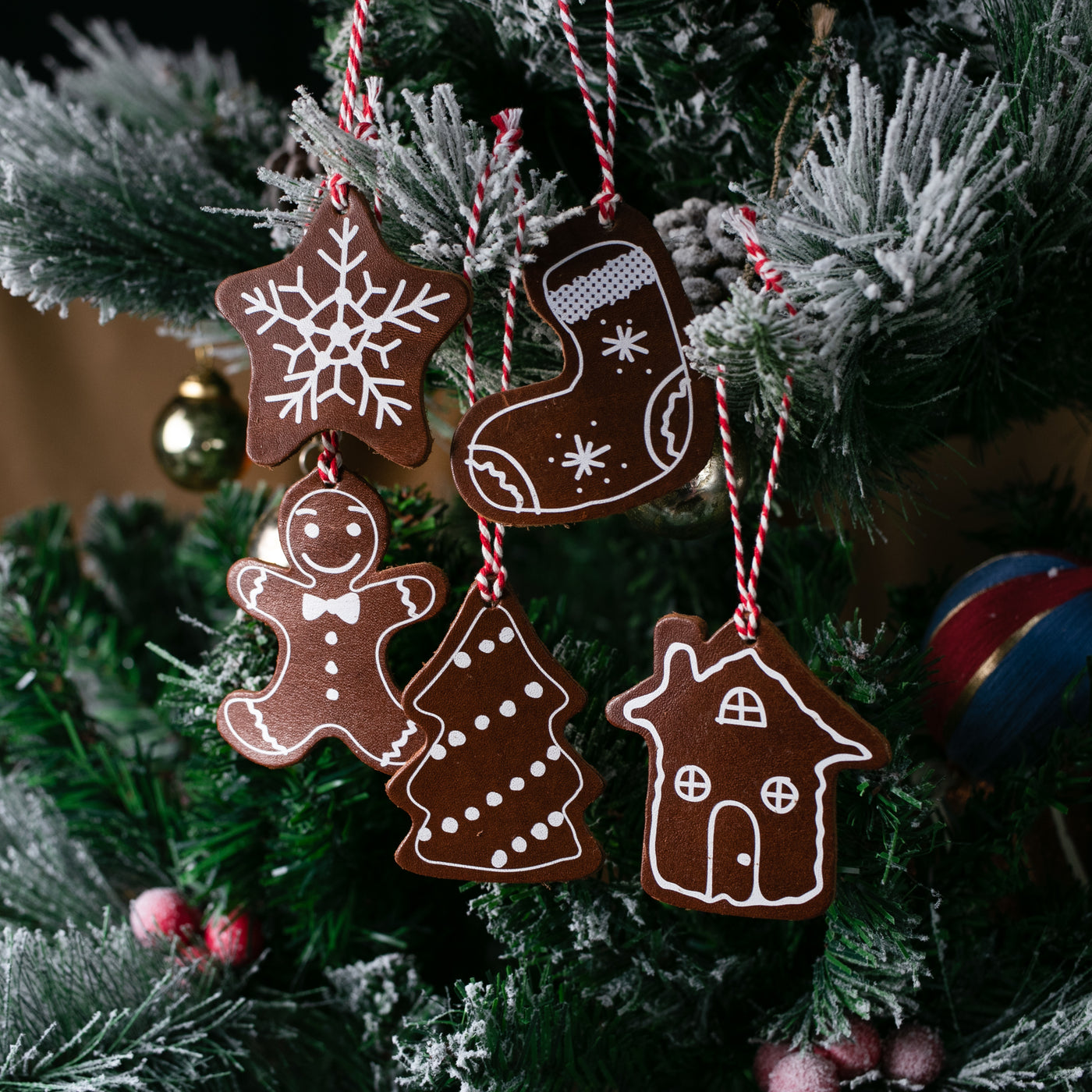 Set of 5 - Christmas Tree Leather Ornaments