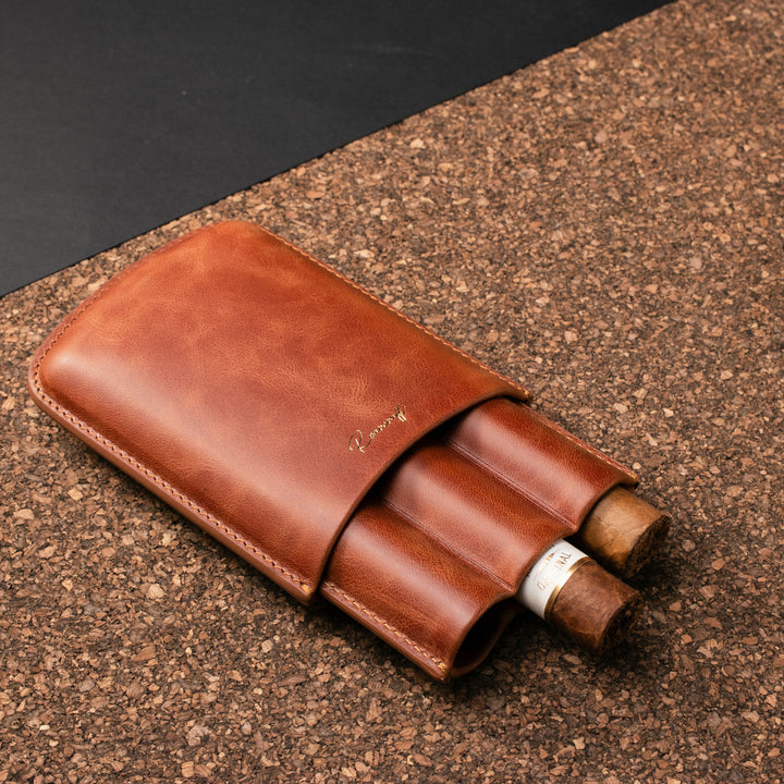 Leather Cigar Case for 3 - Tobacco