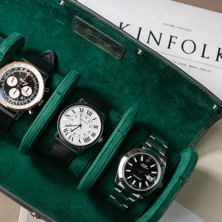 Uhrenetui - 4 Uhren Smaragdgrüne Lederrolle