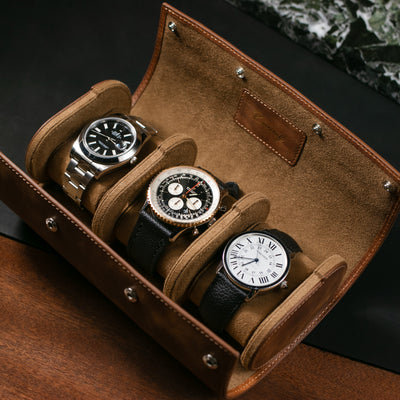 Leather Travel Watch Case - Tobacco - Triple Watch Roll