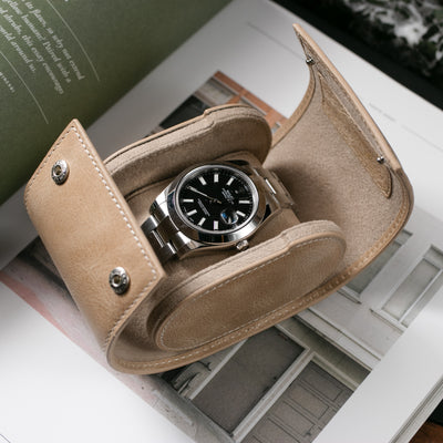 Leather Travel Watch Case - Beige - Single Watch Roll