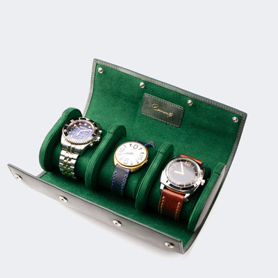 Watch Case - 3 Watches Emerald Leather Roll