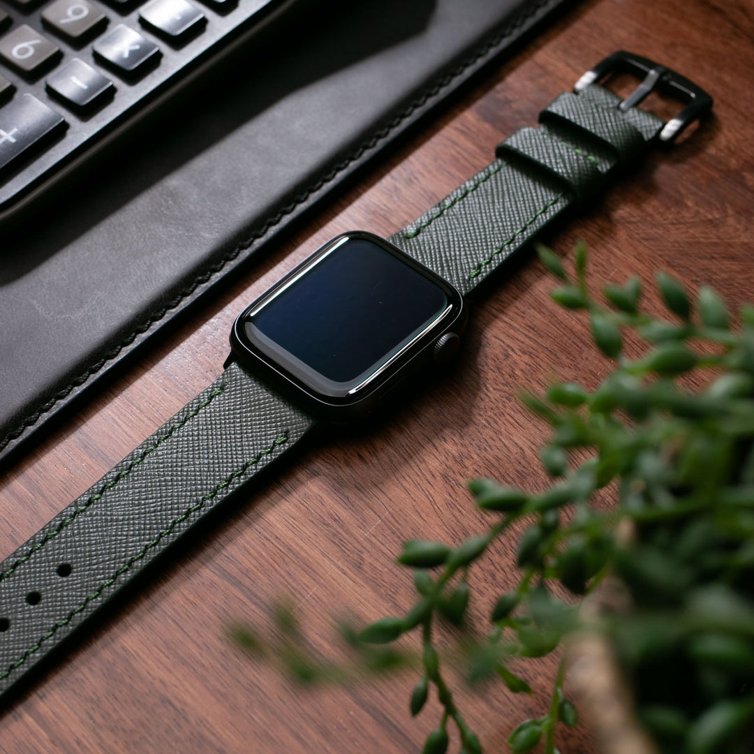 Custom Made Apple Watch Strap - Dark Green Saffiano