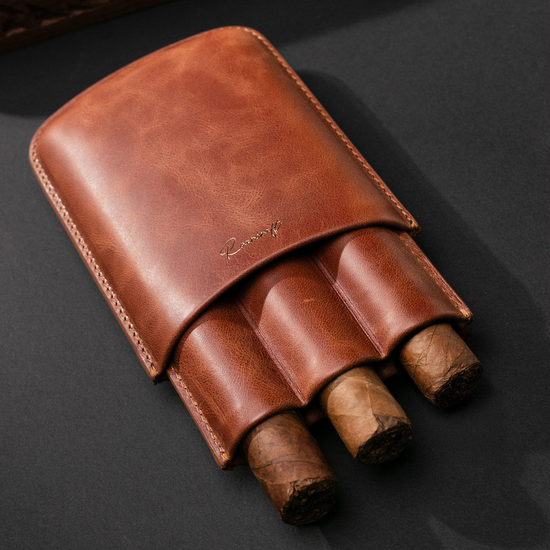 Leather Cigar Case for 3 - Tobacco