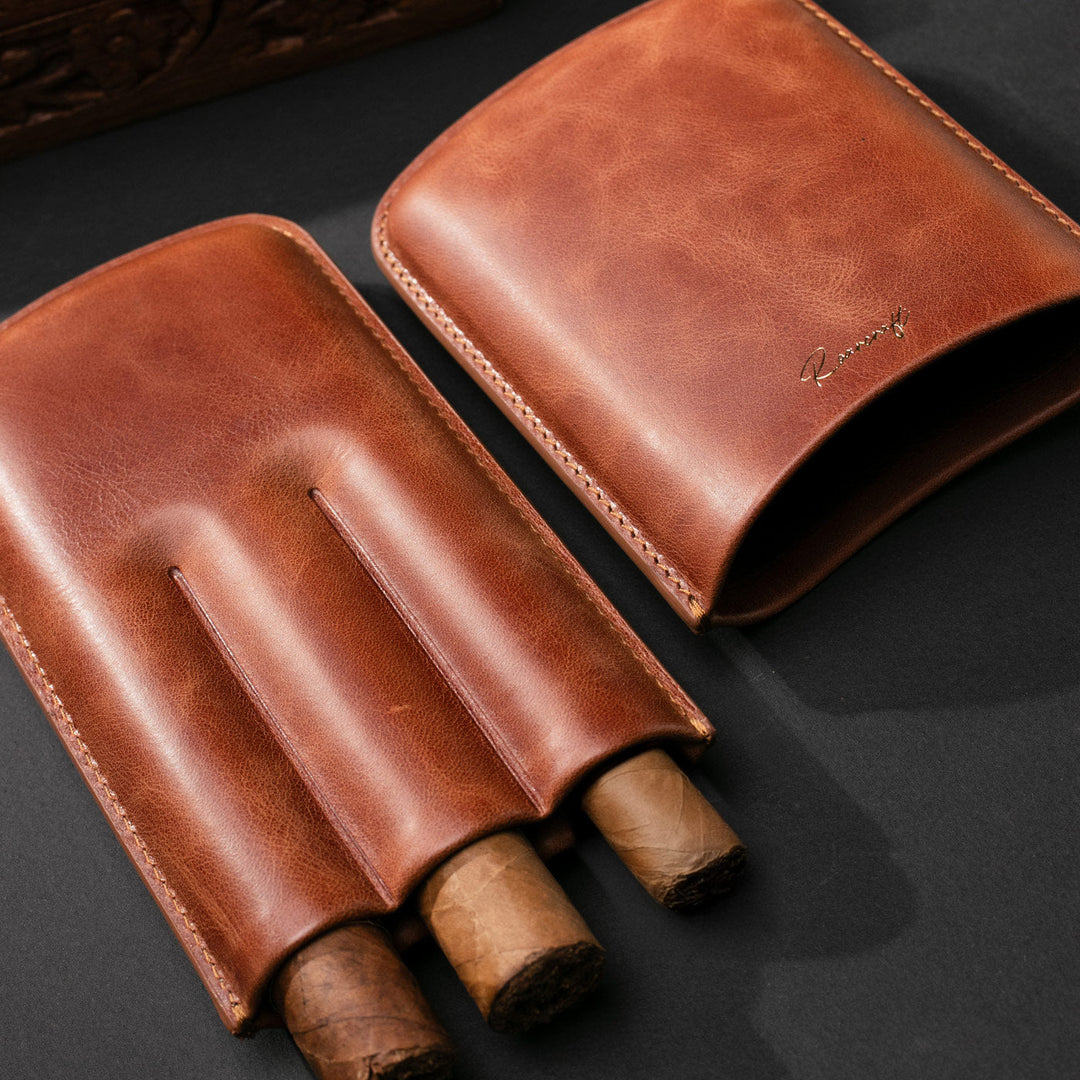 Leather Cigar Case for 3 - Tobacco