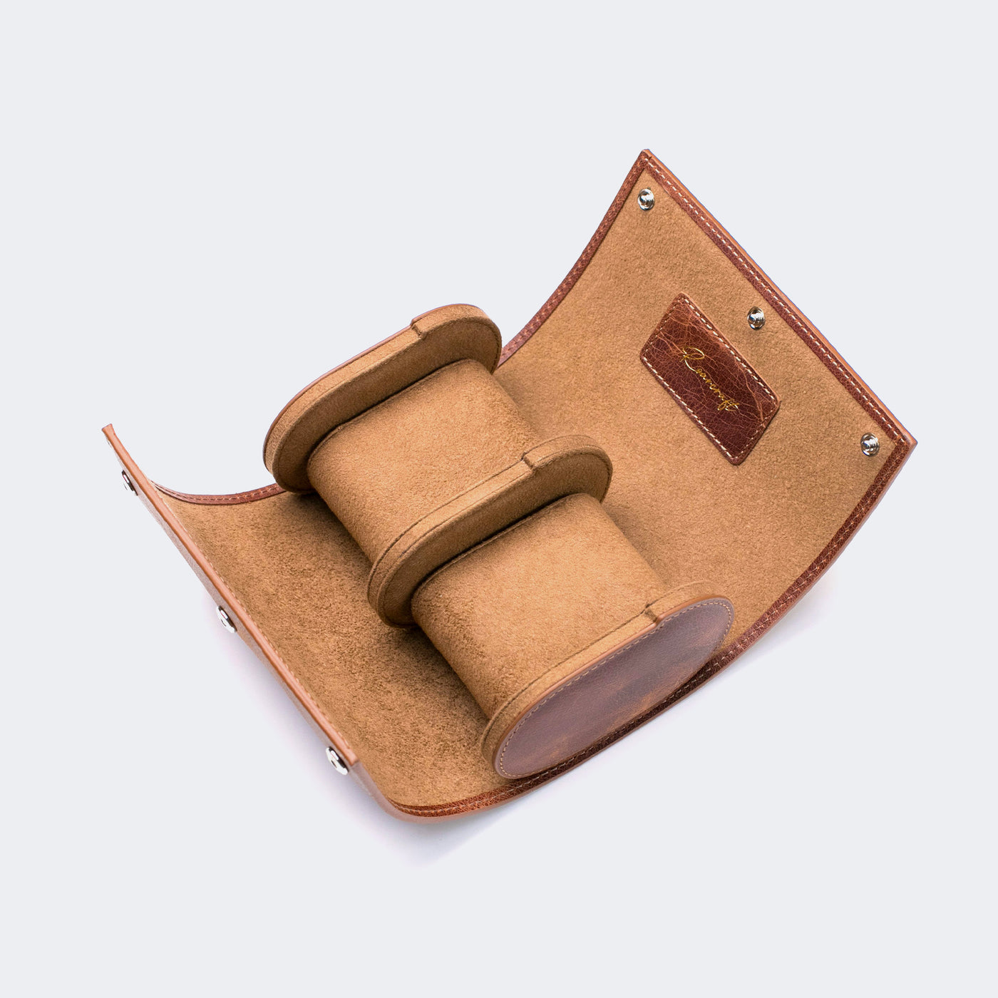 Leather Travel Watch Case - Tobacco - Double Watch Roll
