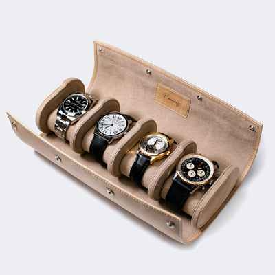 Leather Travel Watch Case - Beige - Quad Watch Roll