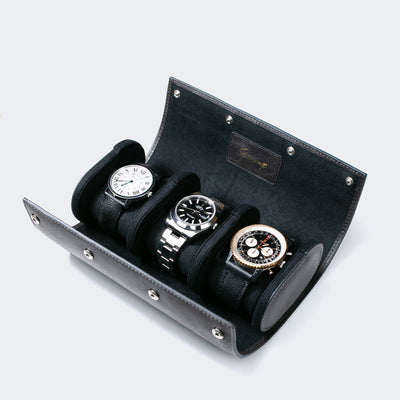 Leather Travel Watch Case - Coal - Triple Watch Roll