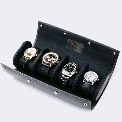 Leather Travel Watch Case - Coal - Quad Watch Roll