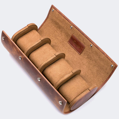 Leather Travel Watch Case - Tobacco - Quad Watch Roll