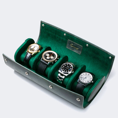 Leather Travel Watch Case - Emerald - Quad Watch Roll