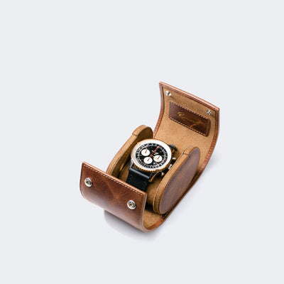 Leather Travel Watch Case - Tobacco - Single Watch Roll