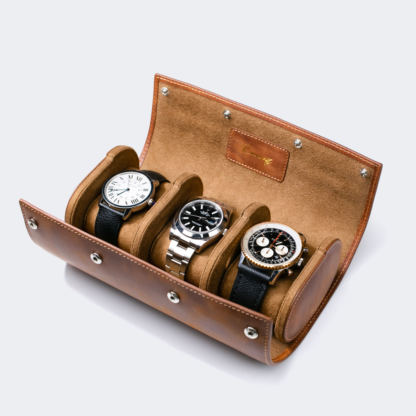 Leather Travel Watch Case - Tobacco - Triple Watch Roll