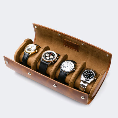Leather Travel Watch Case - Tobacco - Quad Watch Roll