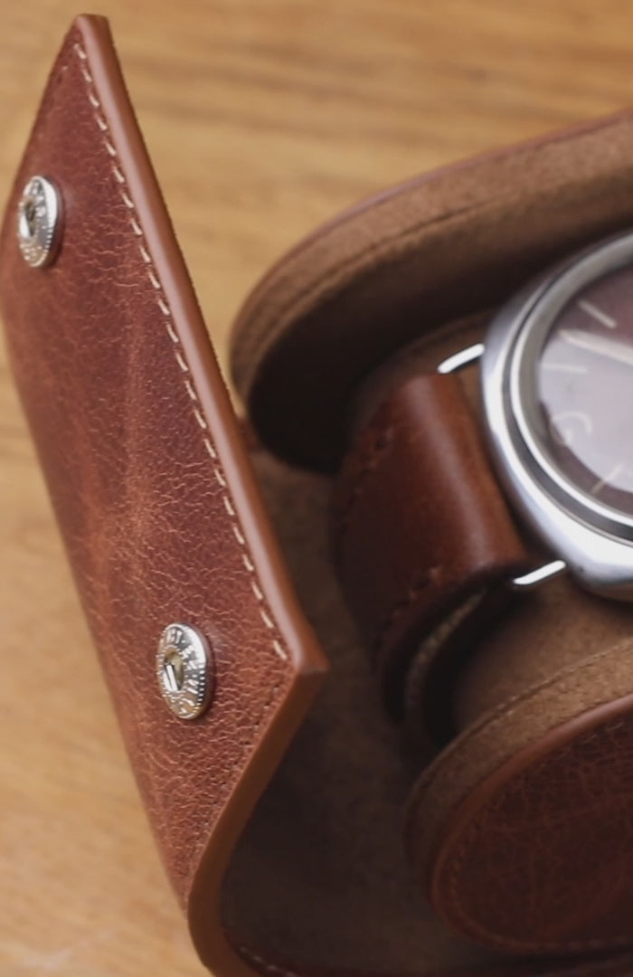 Leather Travel Watch Case - Tobacco - Single Watch Roll