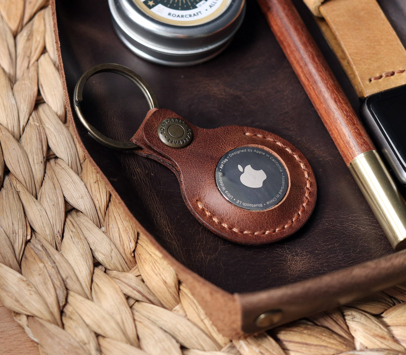 Personalized Leather AirTag Case , vintage leather airtag key fob