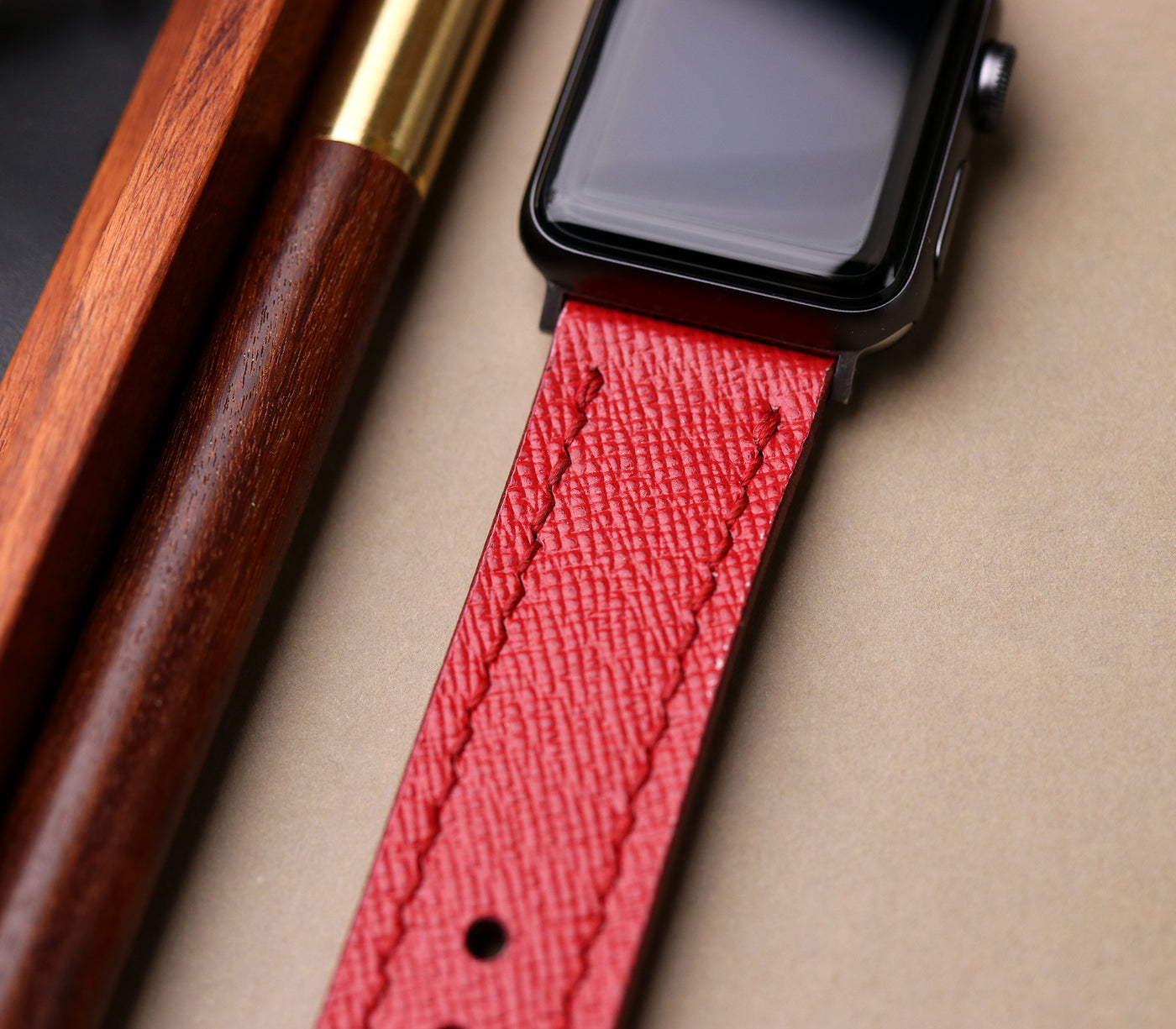 Custom Made Apple Watch Strap - Scarlet Red Saffiano