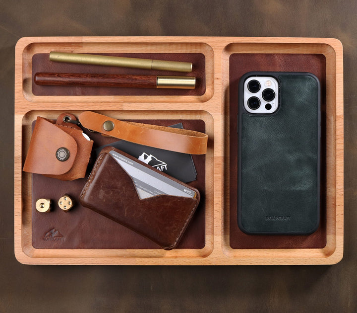 Leather Inlay Wood Tray