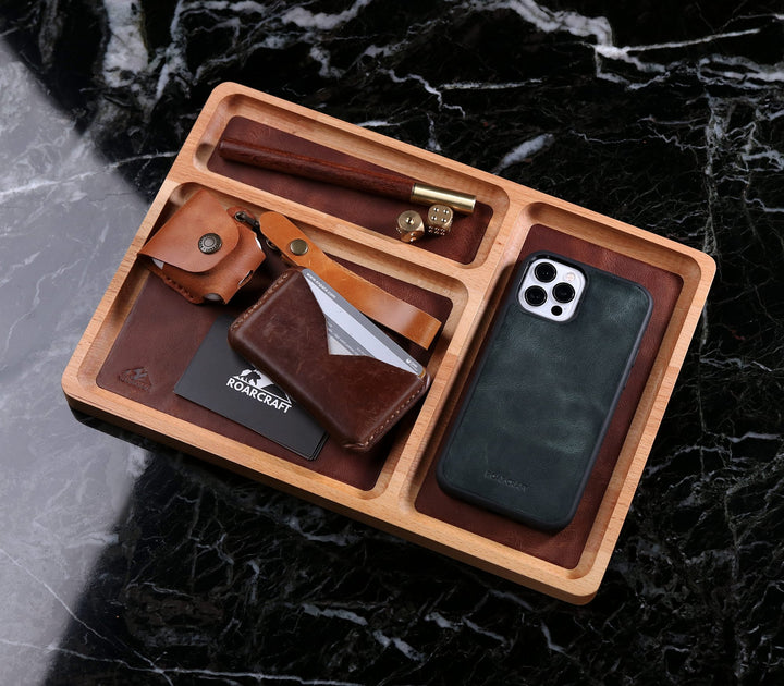 Leather Inlay Wood Tray