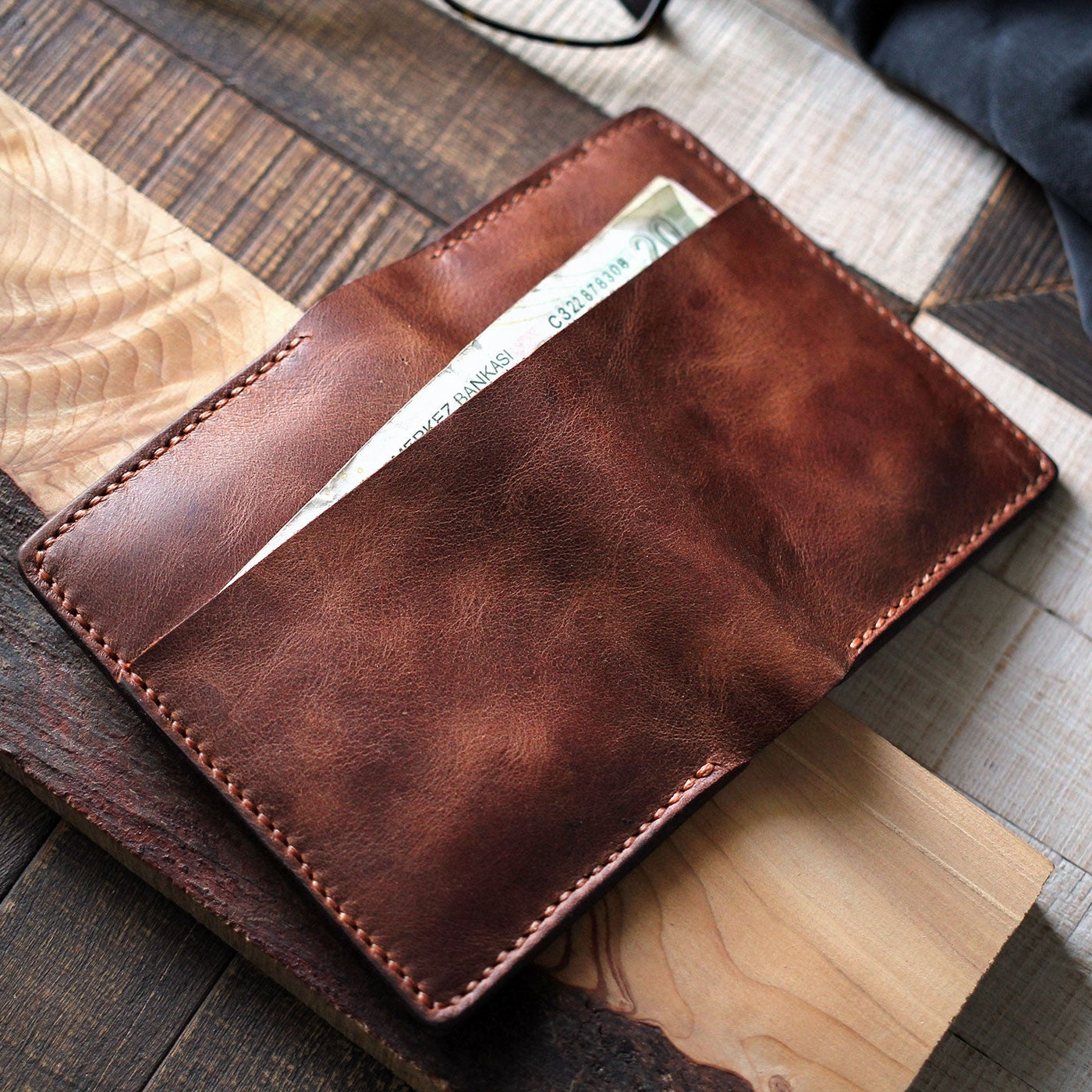 Vertical Wallet with Cash Pocket - Personalized Handmade Wallet