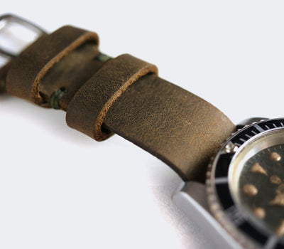 Military Style Leather Watch Strap - Olive Green