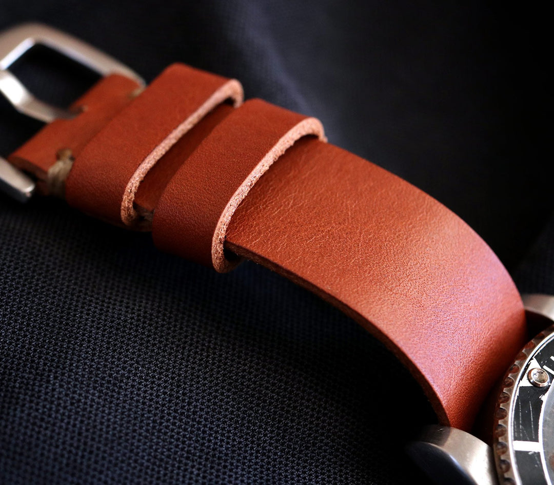 Military Style Leather Watch Strap - Cognac