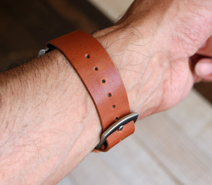 Military Style Leather Watch Strap - Cognac