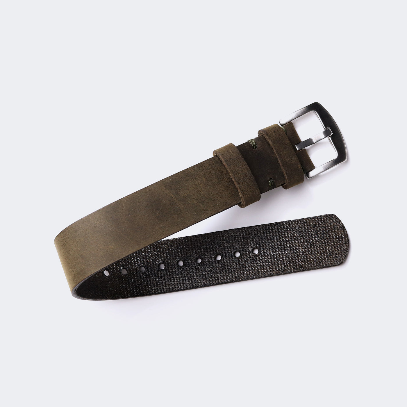 Military Style Leather Watch Strap - Olive Green