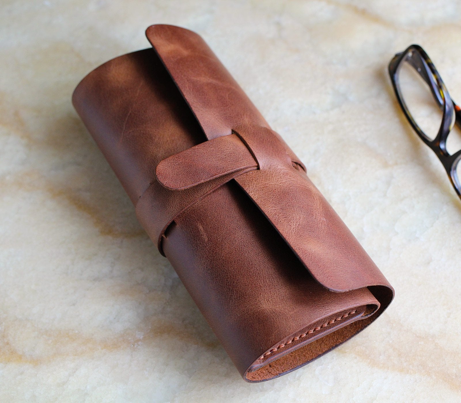 Leather Pen & Pencil Roll  Multifunctional Roll-Up Case (Café